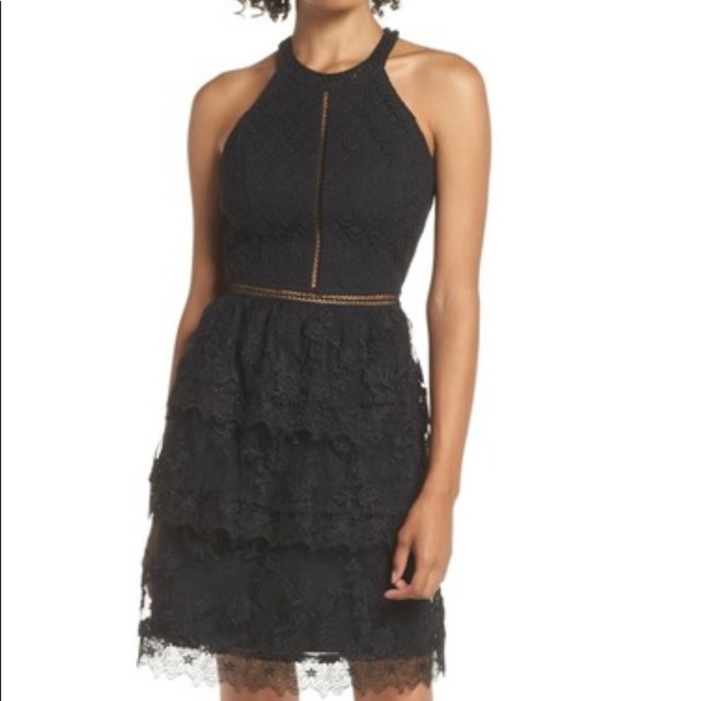 NEW Nordstrom black lace halter ruffle dress L 8